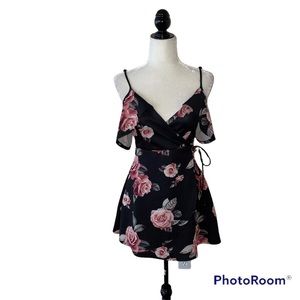 Black & Pink Floral Off Shoulder Mini Dress